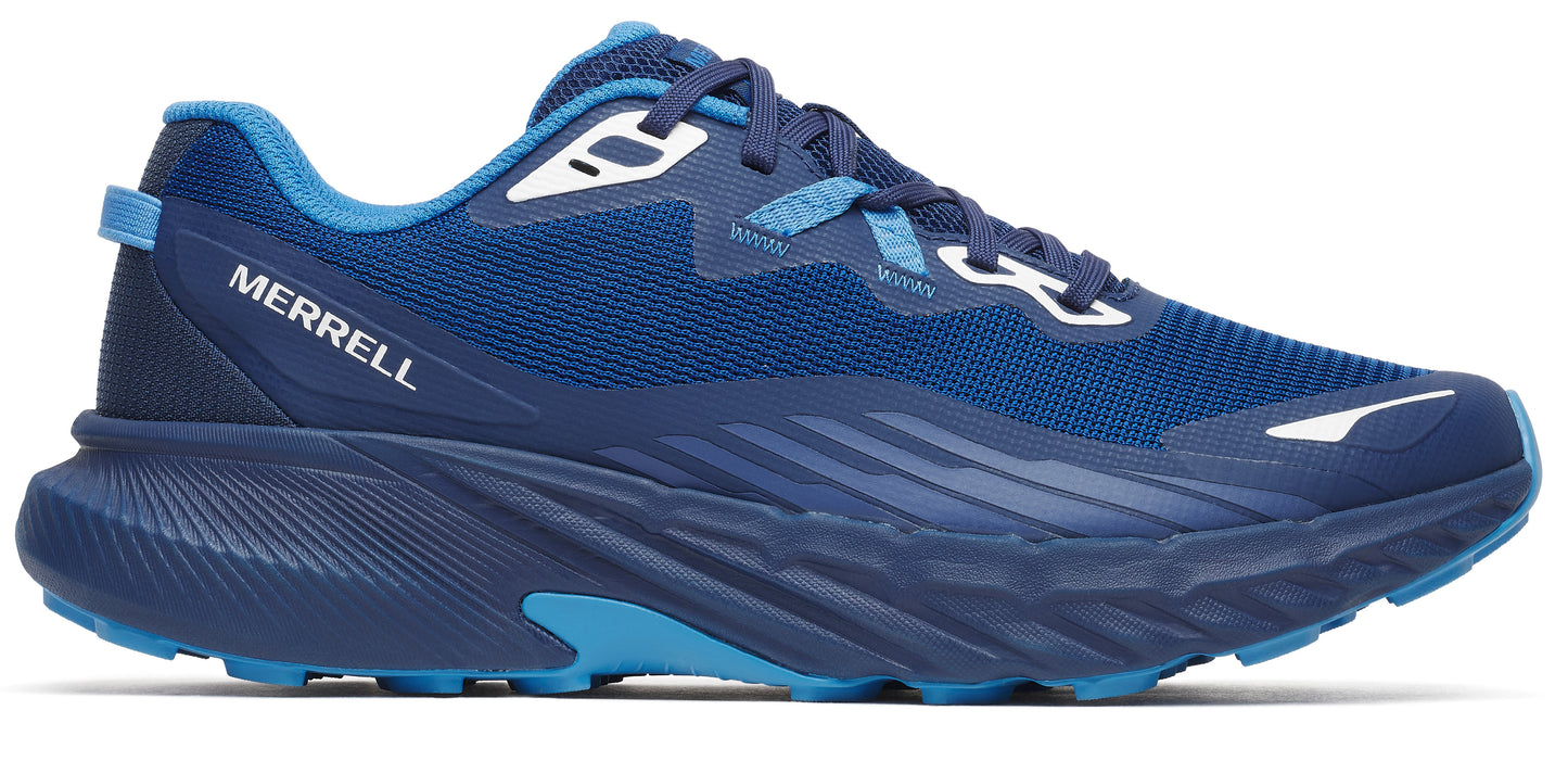 A blue running shoe featuring a mesh upper, cushioned midsole, and white accents.