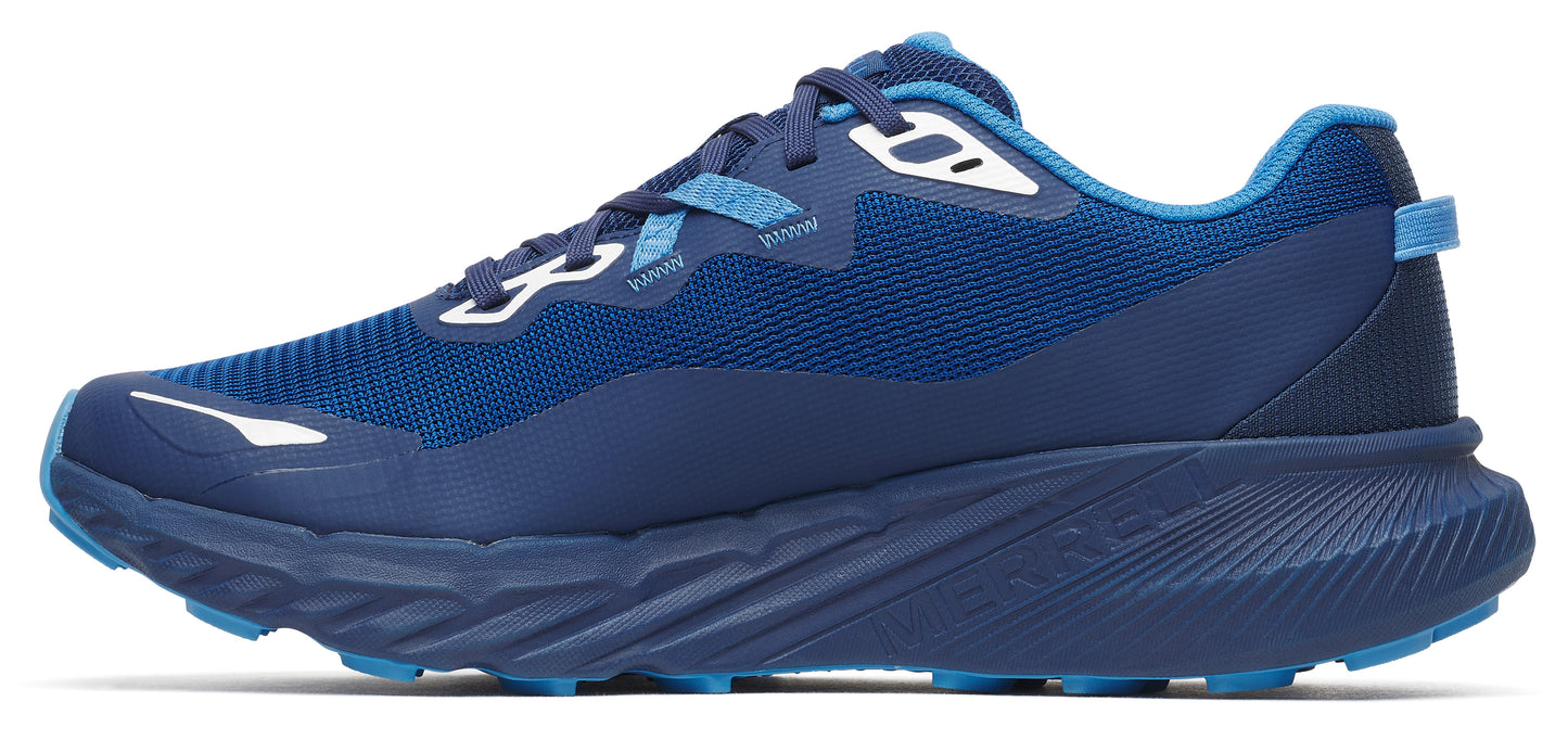 A running shoe in shades of blue with a textured sole.
