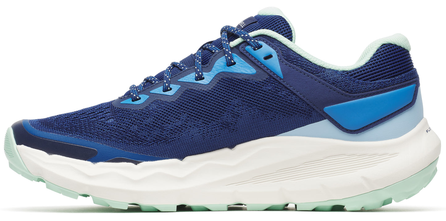 A running shoe with a navy blue mesh upper, light blue accents, a white midsole, and a mint green outsole.