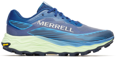 Blue and purple running shoe with 'MERRELL' printed on the side, light green midsole, and dark blue outsole.