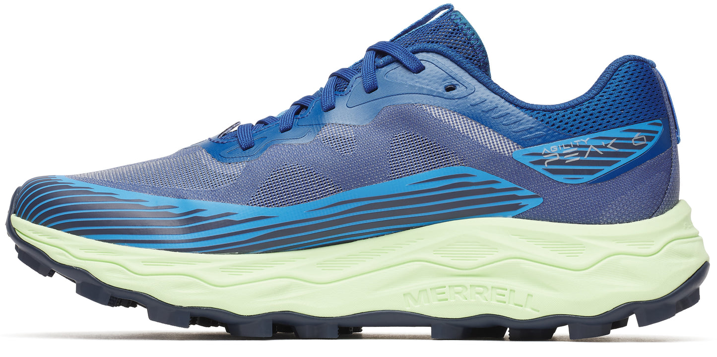 A blue running shoe with a wavy light green sole.