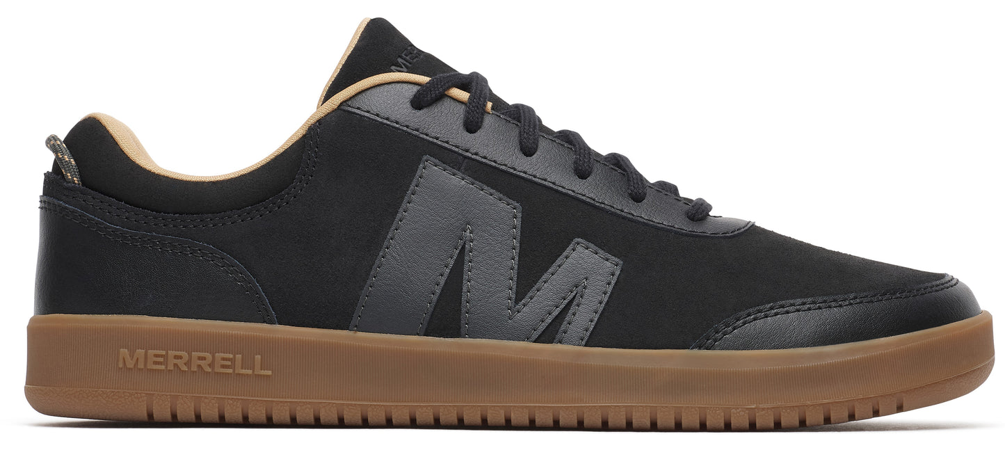 A black Merrell sneaker with a brown sole.