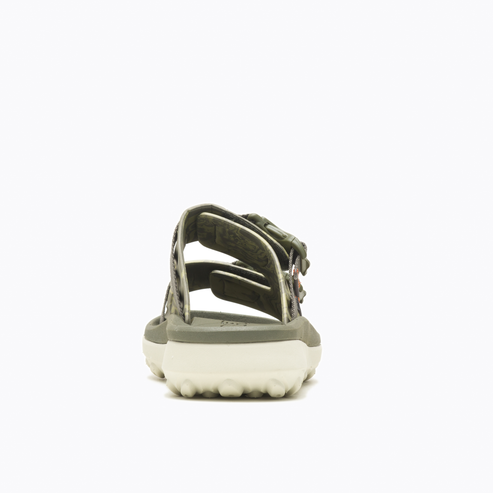 Olive drab sandal with thick sole and printed straps, rear view.