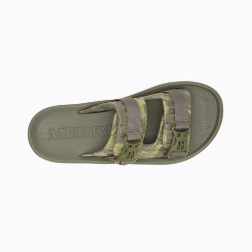 Top view of a sandal with a camo pattern strap and olive green sole with the word MERRELL.