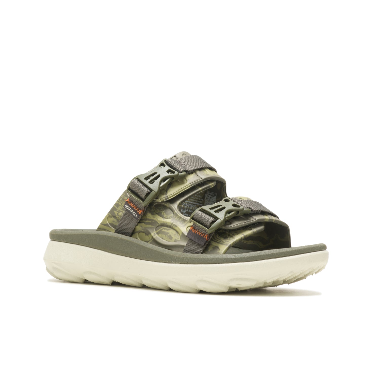 Slide sandal with a camo patterned upper and adjustable olive green straps with buckles.