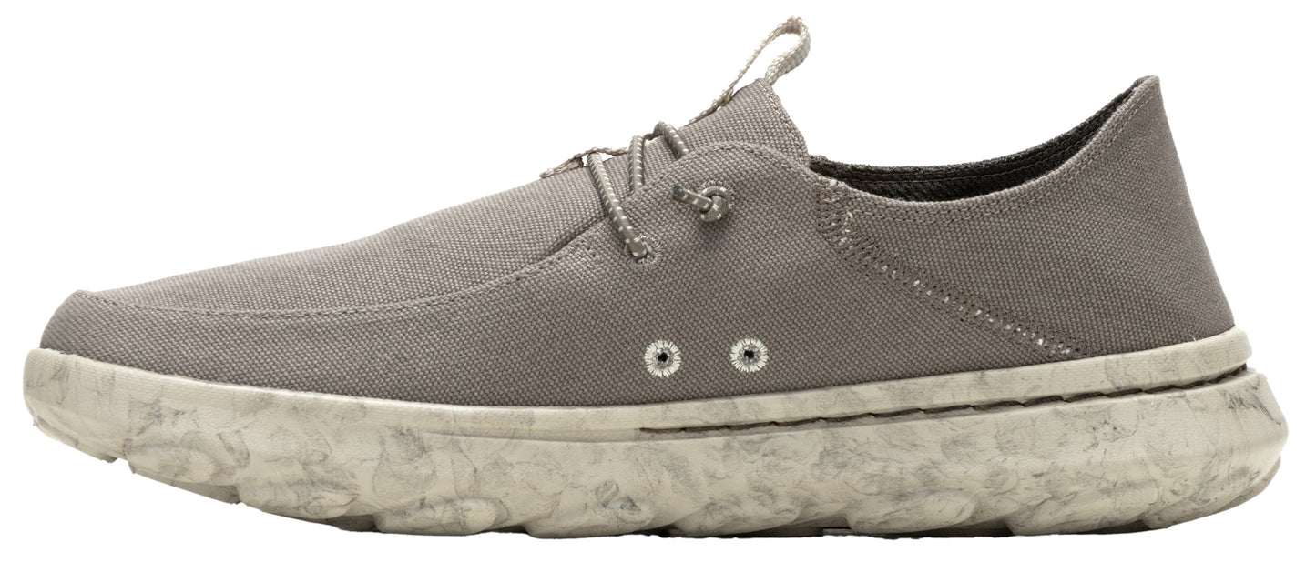 a low-profile gray sneaker with a speckled white sole