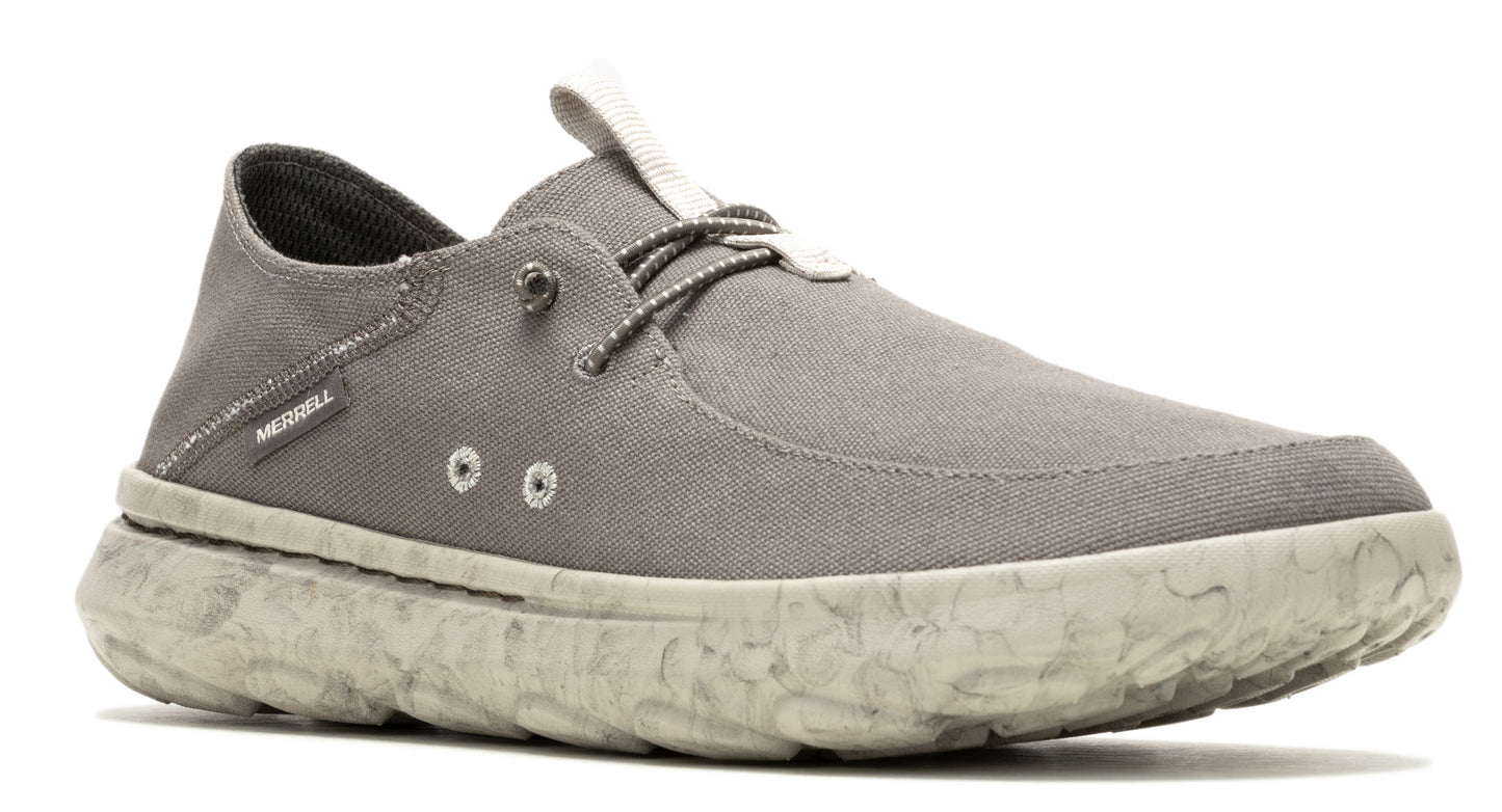 Gray canvas shoe with a textured beige sole and visible Merrell logo.
