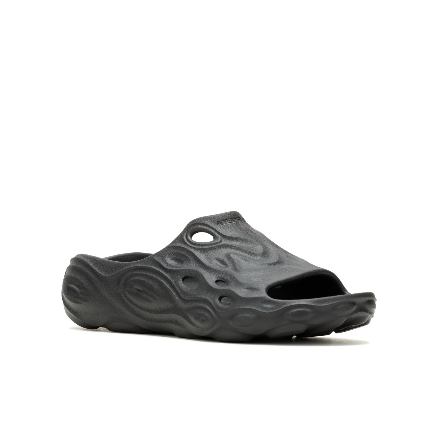 Gray slip-on sandal with abstract wavy design and ventilation holes.