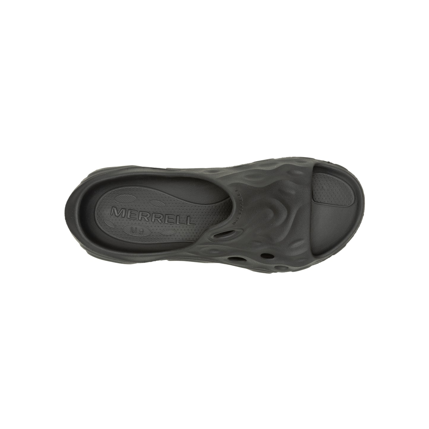 Top-down view of a dark gray sandal with a textured footbed and upper.
