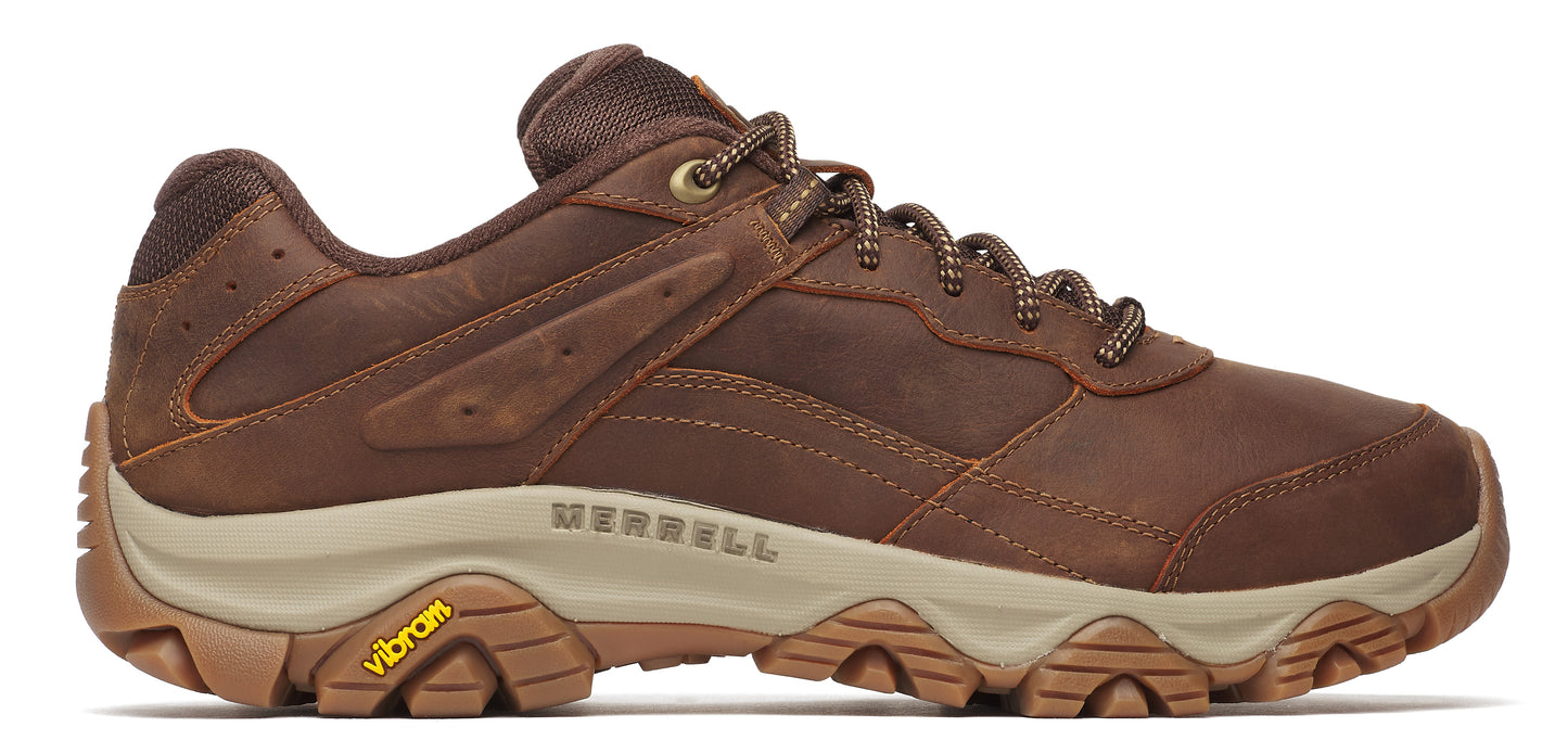 A brown leather hiking shoe with a thick, lugged sole.