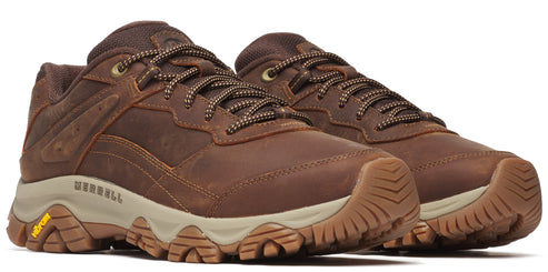 A pair of brown leather hiking shoes with tan soles and brown laces.