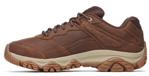 A brown hiking shoe with a tan sole and brown laces.