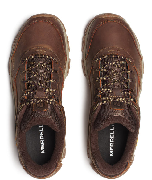 Top-down view of a pair of brown leather hiking shoes with patterned brown laces.