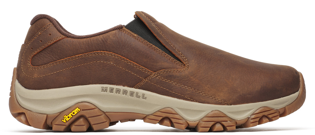 A brown slip-on shoe with a tan sole.
