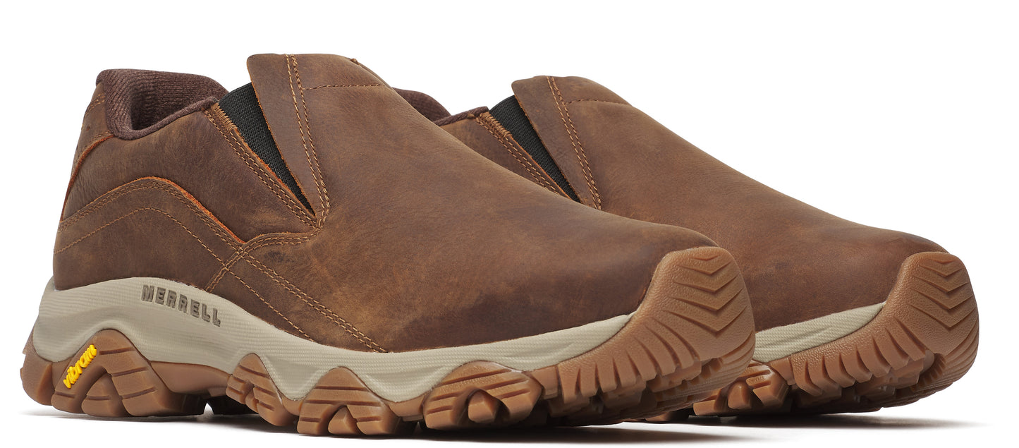 A pair of brown leather slip-on shoes with lug soles.