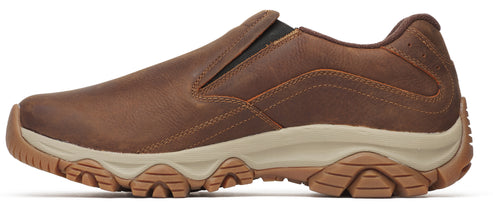 A brown leather slip-on shoe with a tan sole.