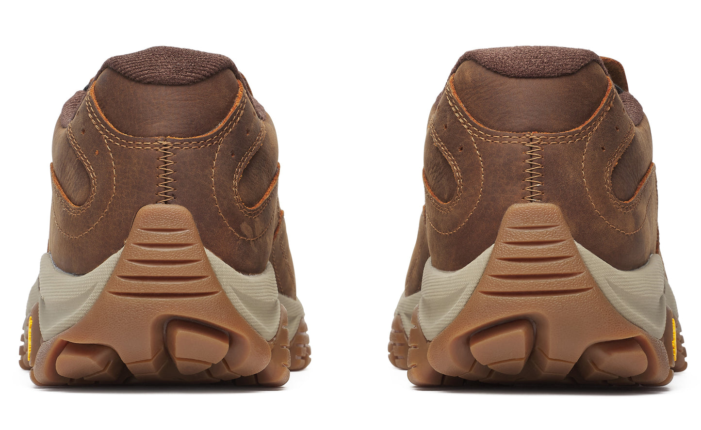 A pair of brown leather shoes seen from the back.