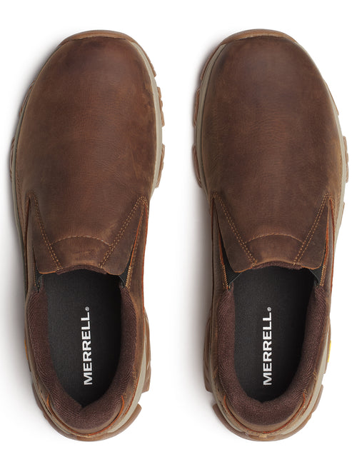 Pair of brown slip-on shoes shown from above.