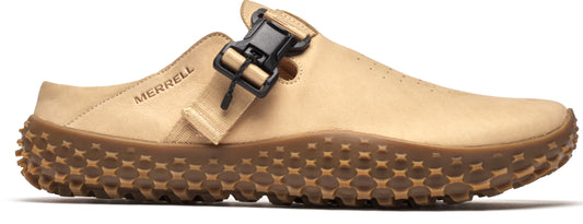 Tan slip-on clog with adjustable buckle strap and lug sole.