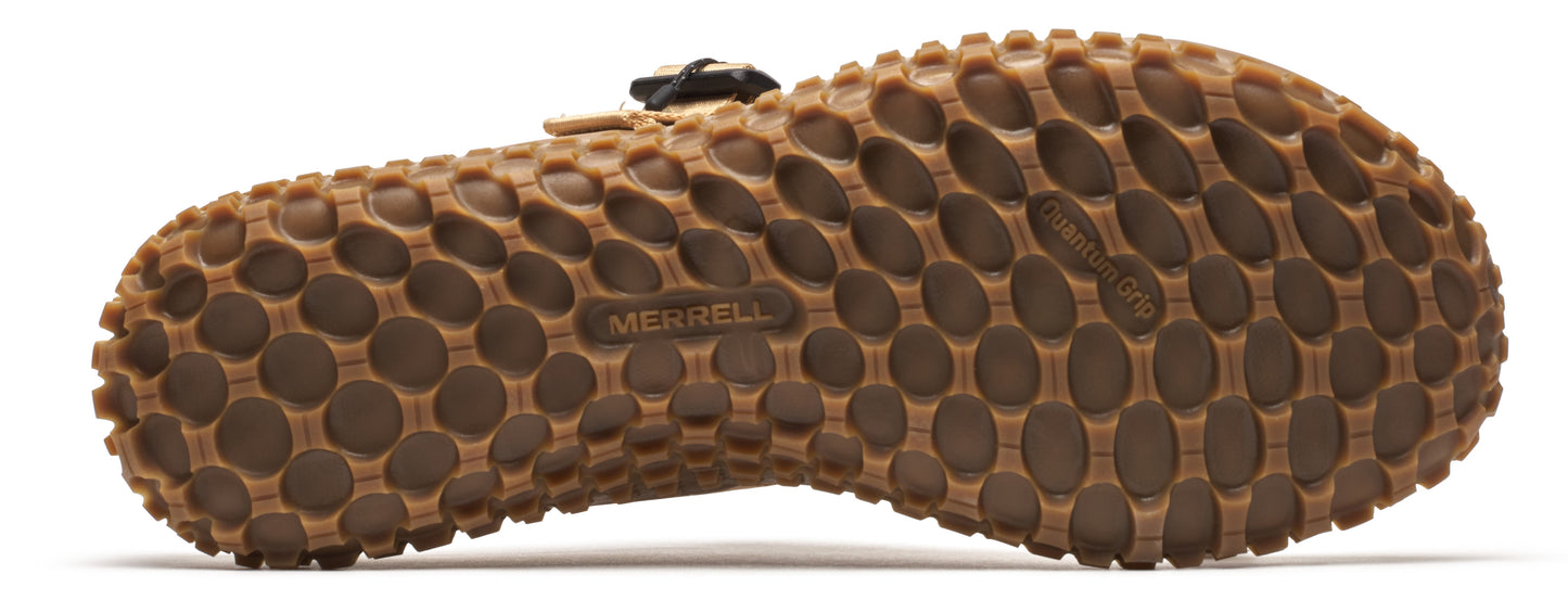 Sole of shoe with an intricate grid of circular cutouts.