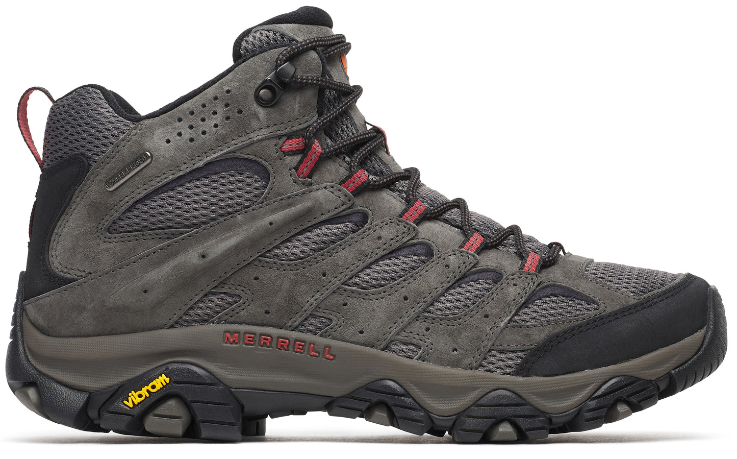 A gray mid-cut hiking boot with mesh and leather panels, black rubber toe cap, dark laces with maroon eyelets, and a black lugged sole with a yellow Vibram logo on the heel, featuring the red embossed word MERRELL on the side.
