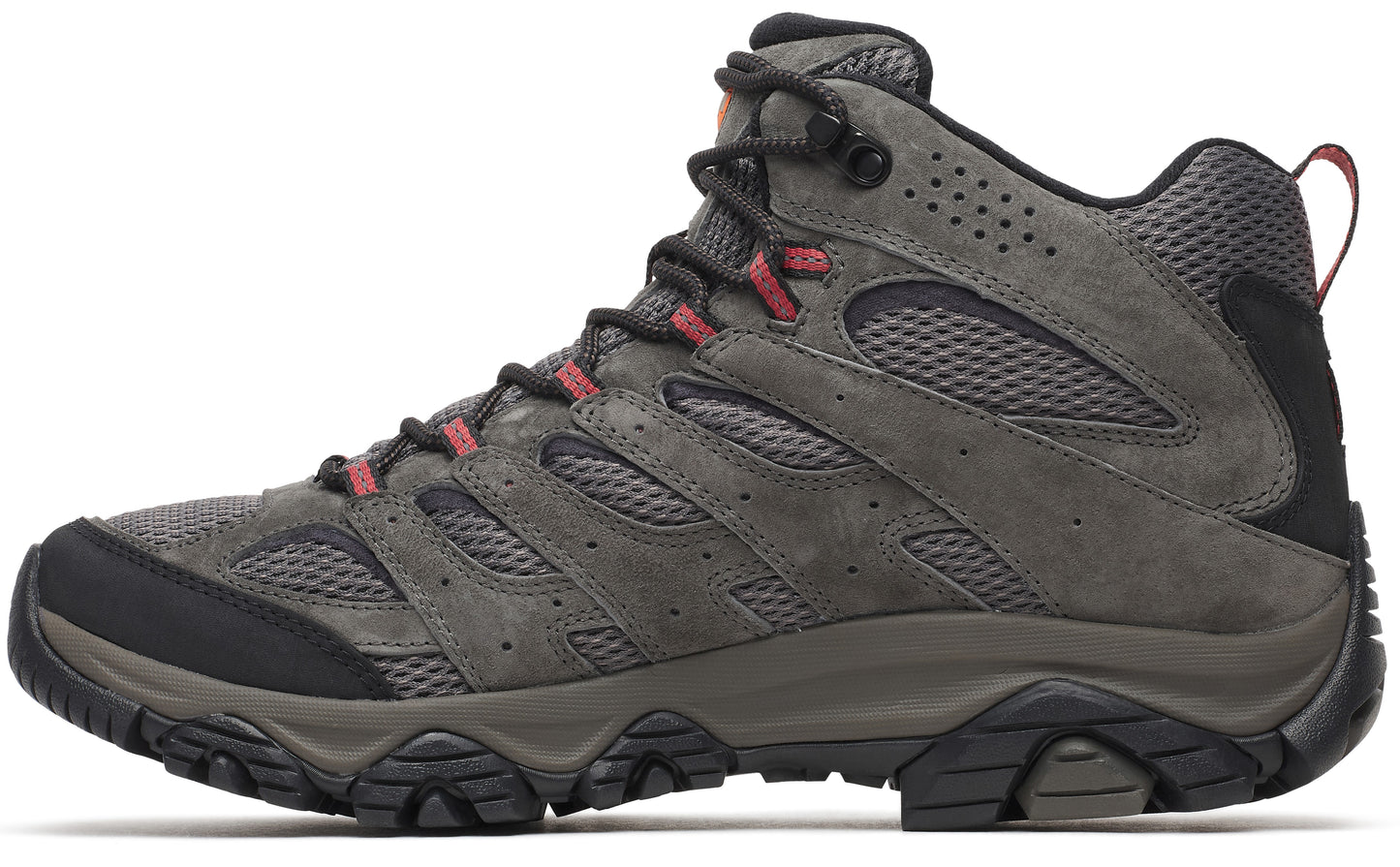 A gray mid-cut hiking boot with mesh and suede upper, dark gray laces, red accents on the lace loops, and a thick, dark rubber sole with tread patterns.