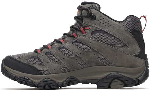 A gray mid-cut hiking boot with mesh and suede upper, dark gray laces, red accents on the lace loops, and a thick, dark rubber sole with tread patterns.
