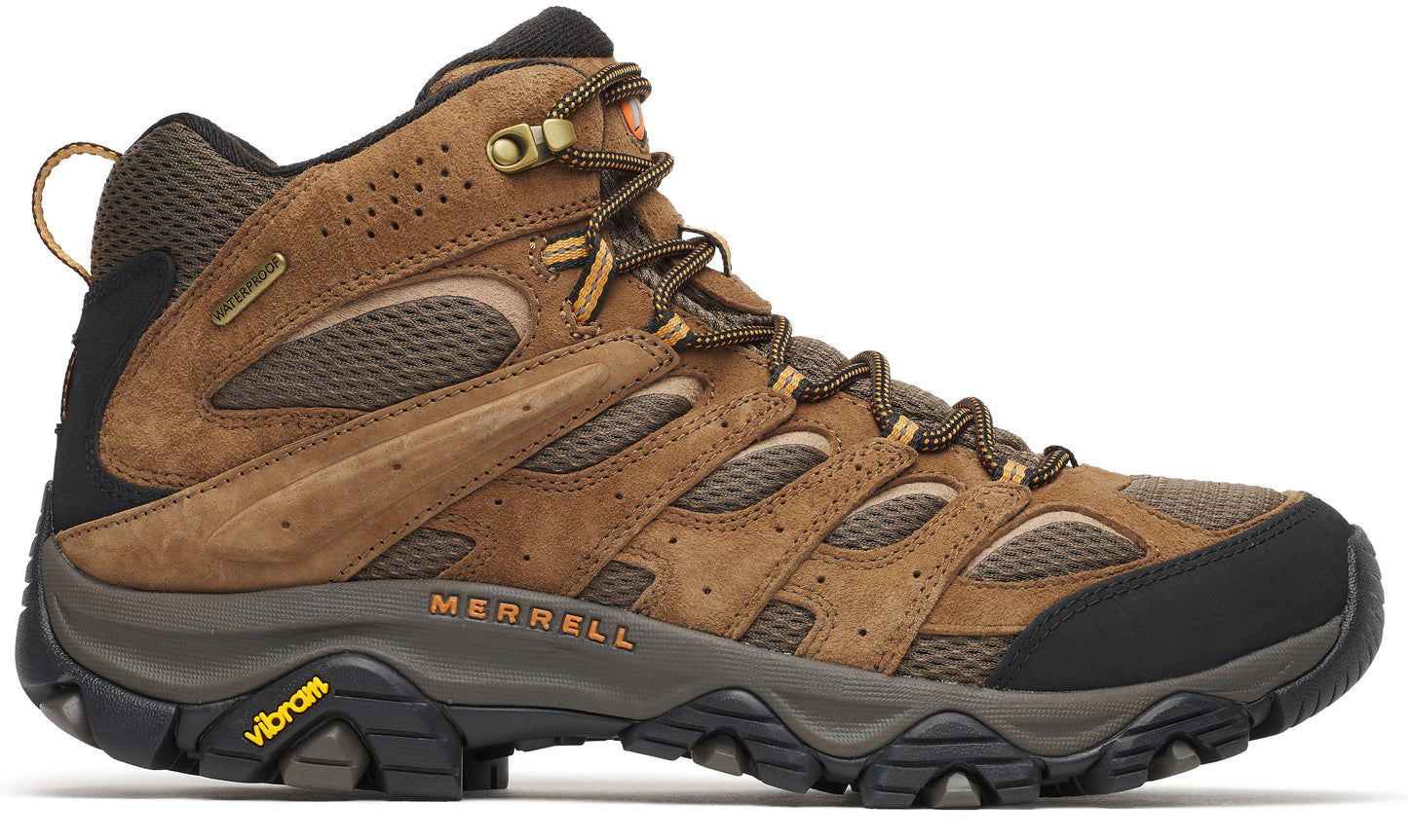 A brown and black Merrell hiking boot with a Vibram sole shown from the side against a white background.