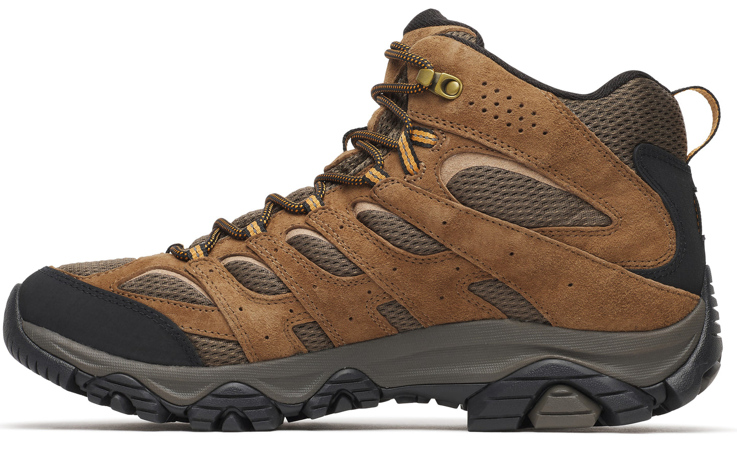 A brown and black suede and mesh hiking boot with a high-top design, featuring a sturdy grey lugged rubber sole, a reinforced black toe cap, and a padded mesh collar.