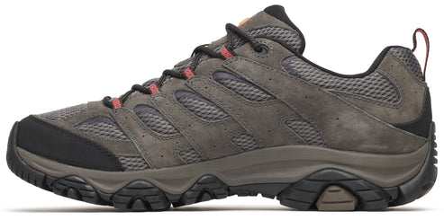 A gray hiking shoe with dark mesh panels, black synthetic toe and heel caps, black laces, and red accent loops on the lace eyelets, viewed from the side.