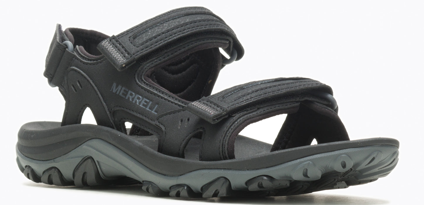 A black sandal with three straps, each secured with velcro.