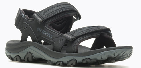 A black sandal with three straps, each secured with velcro.