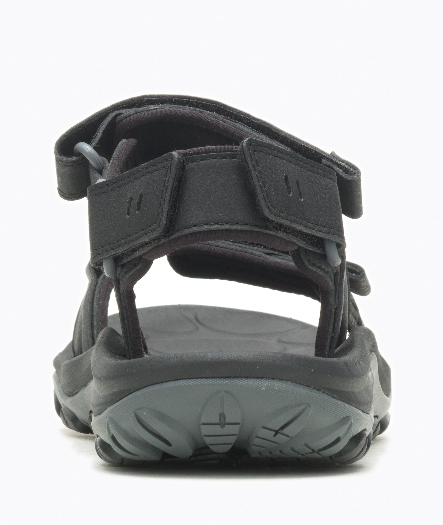 Black sandal with multiple velcro straps and gray sole.