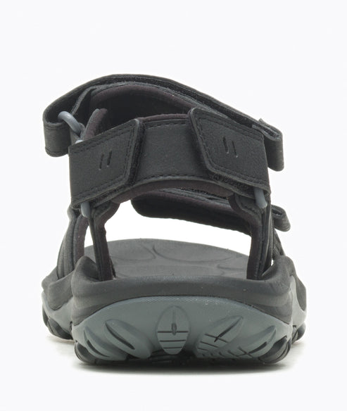 Black sandal with multiple velcro straps and gray sole.