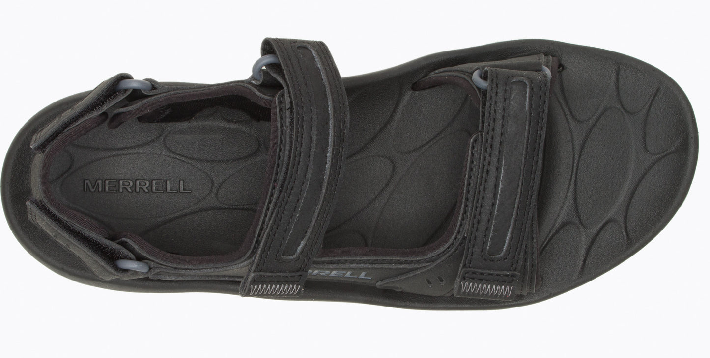 Black sandal with hook and loop straps.