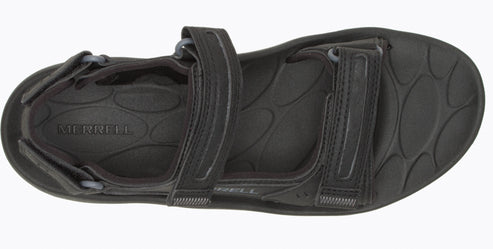 Black sandal with hook and loop straps.