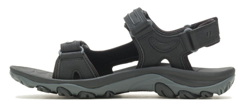 Black sandal with adjustable straps and grey sole.