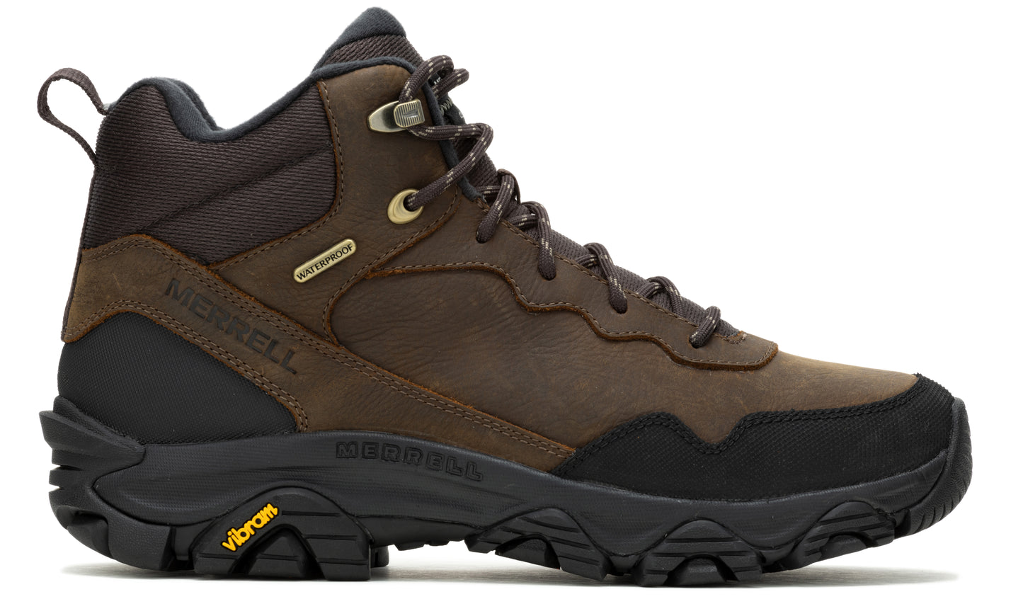 Hiking boot with dark brown leather upper, high ankle, black midsole and Vibram sole. It has metal eyelets and dark brown laces.