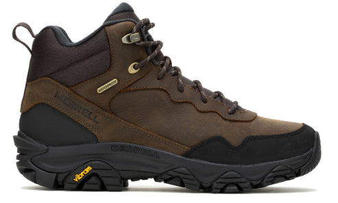 Hiking boot with dark brown leather upper, high ankle, black midsole and Vibram sole. It has metal eyelets and dark brown laces.