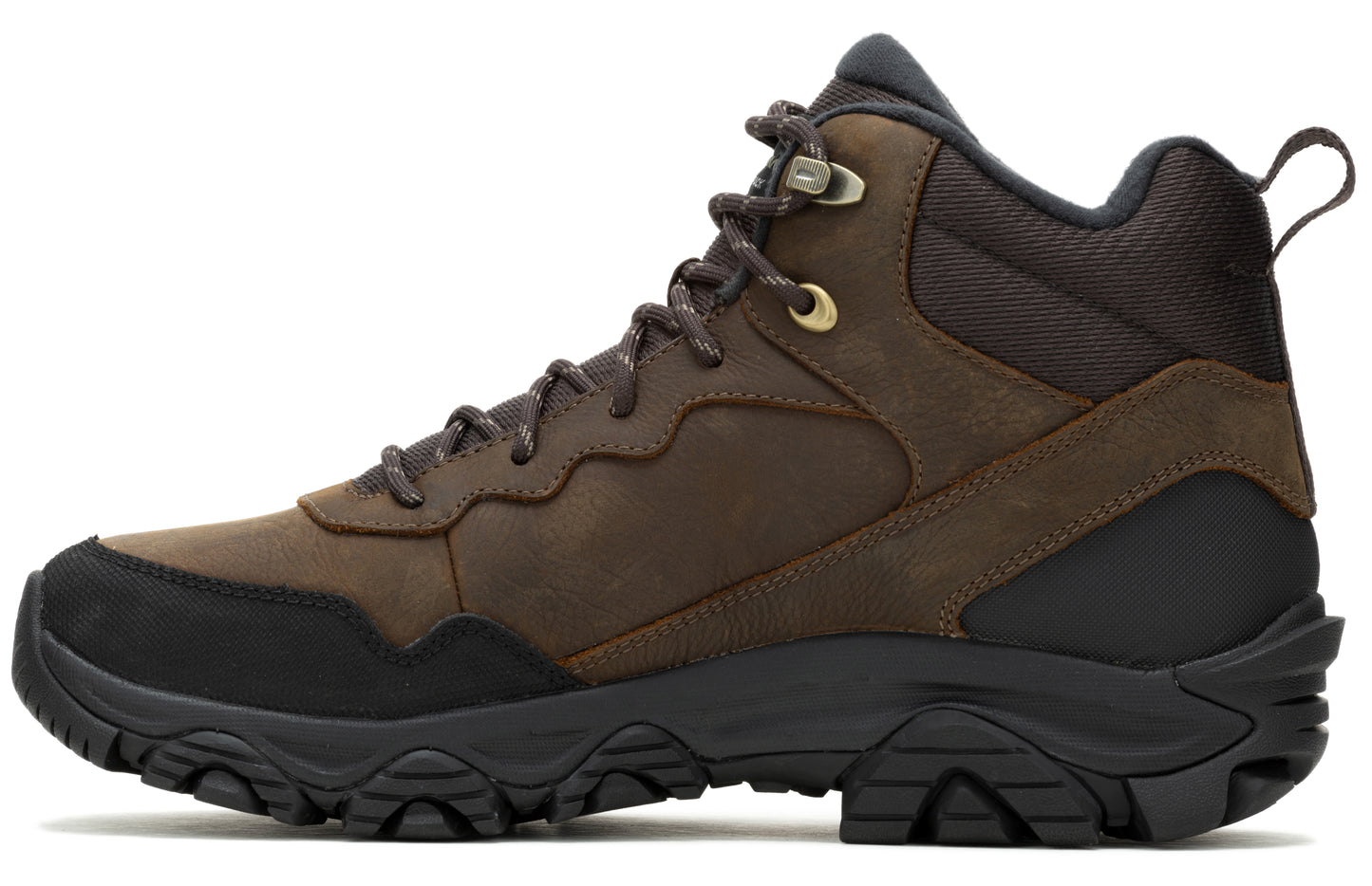 Side view of a brown mid-height hiking boot with black sole and laces.