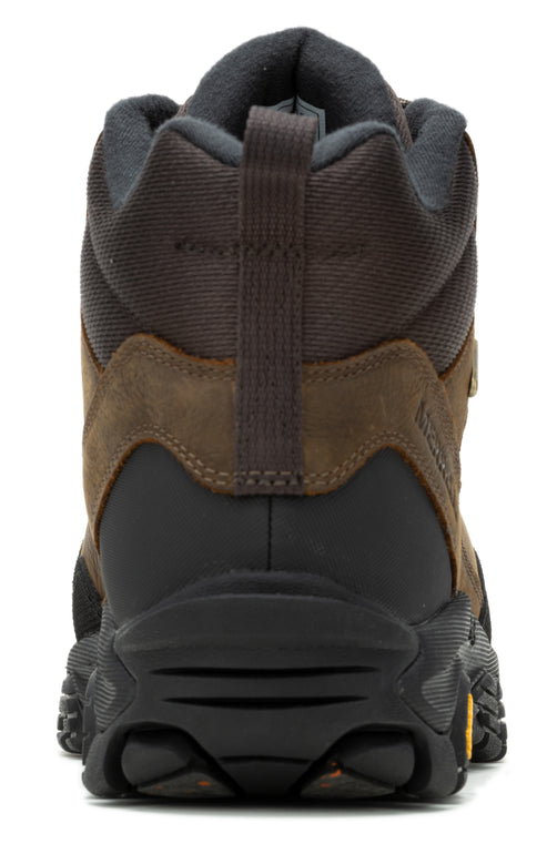 Rear view of a brown and black hiking boot with a padded collar and a lugged outsole.