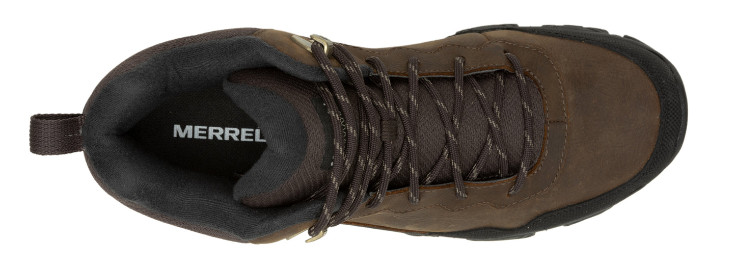 Top view of a brown hiking boot with laces.