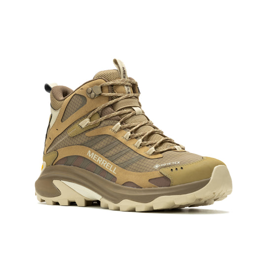 Beige hiking boot with the word MERRELL displayed.