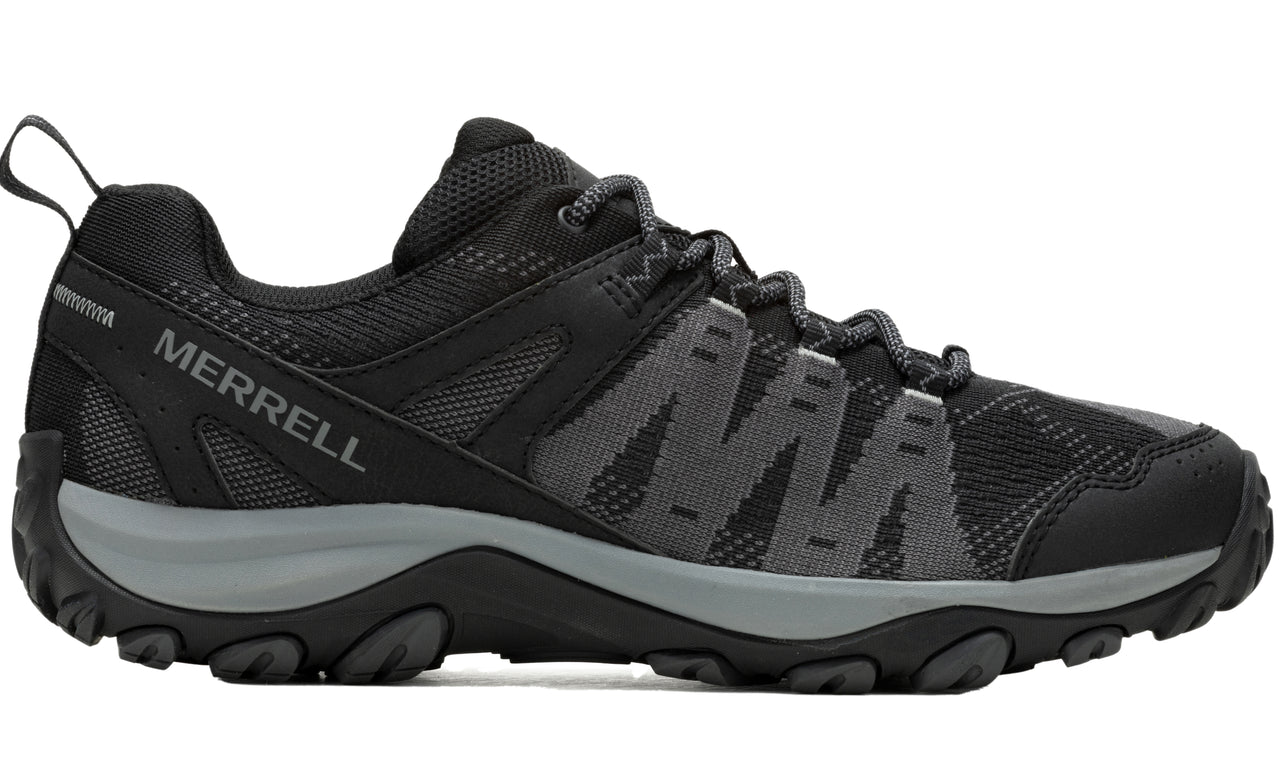 Black athletic shoe with gray accents and loop on heel.