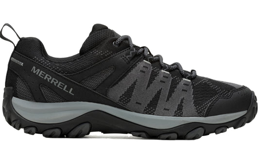 Black athletic shoe with gray accents and loop on heel.