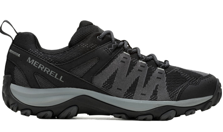 Black athletic shoe with gray accents and loop on heel.