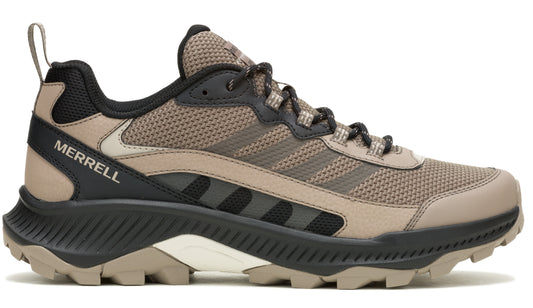 A low cut hiking shoe featuring a beige and black color scheme with visible "MERRELL" logo.