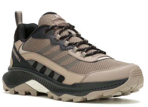 A khaki running shoe with a black midsole.