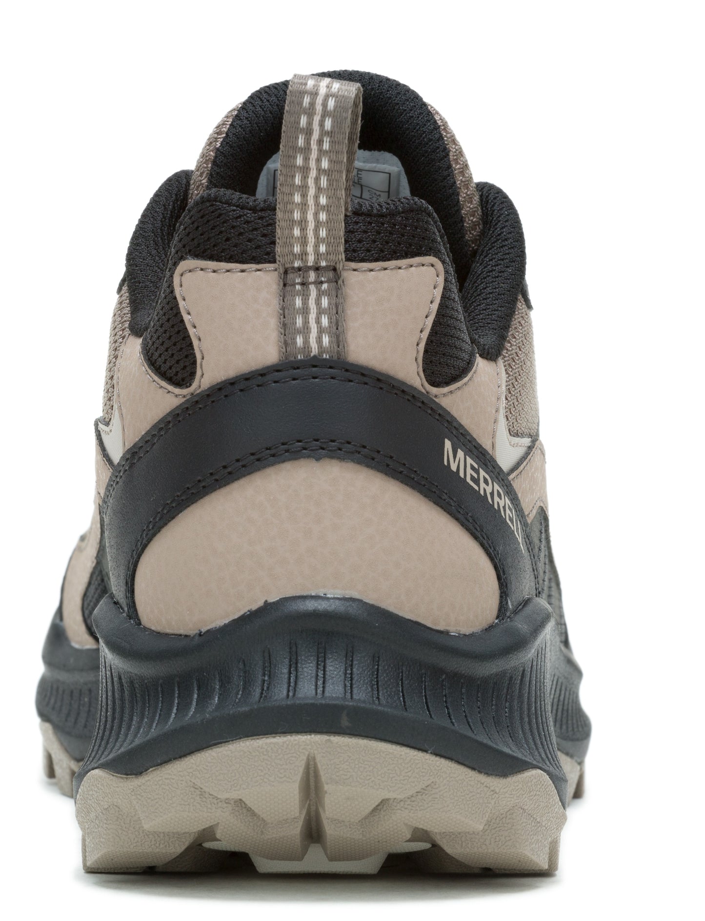 Back view of tan and black athletic shoe with "MERRELL" text.