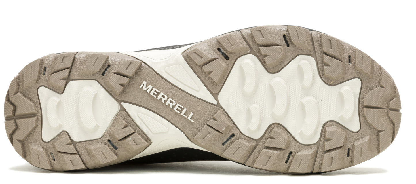 Bottom of a shoe with a rugged tread and MERRELL branding.
